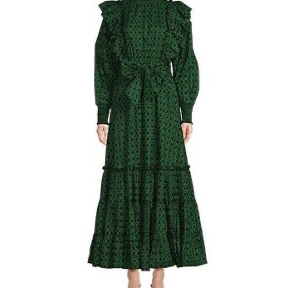Emerald Green Ruffled Tiered Gown with Bishop Sleeves